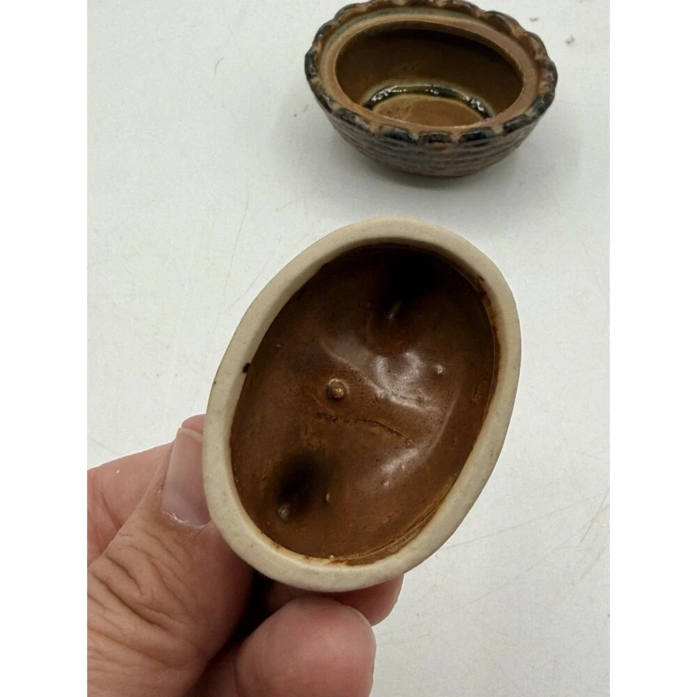 Vintage PWF Japan Mini 2.25” Ceramic Brown Black Drip Hen On The Nest